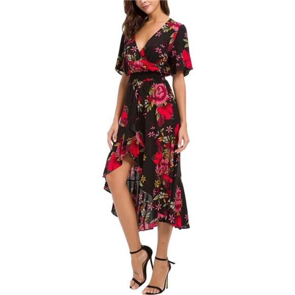 Black Floral Print High Low V-Neck Flowy A-Line Short Sleeve Long Midi Dress - Picture 1 of 6